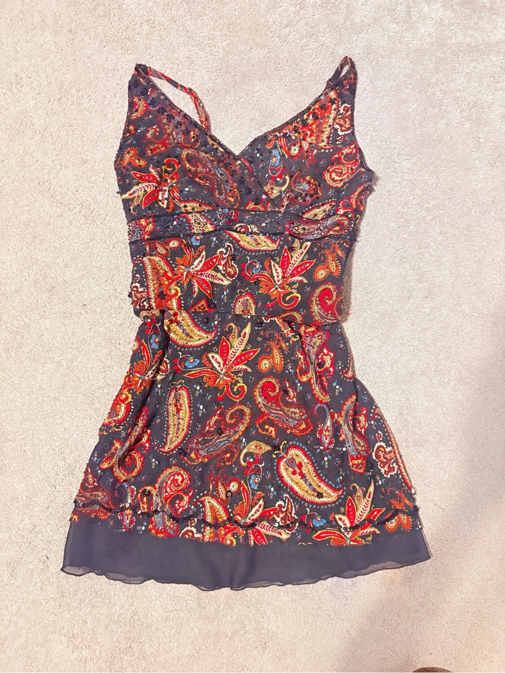 Paisley Print V-Neck Midi Dress - Black with Red & Gold Accents